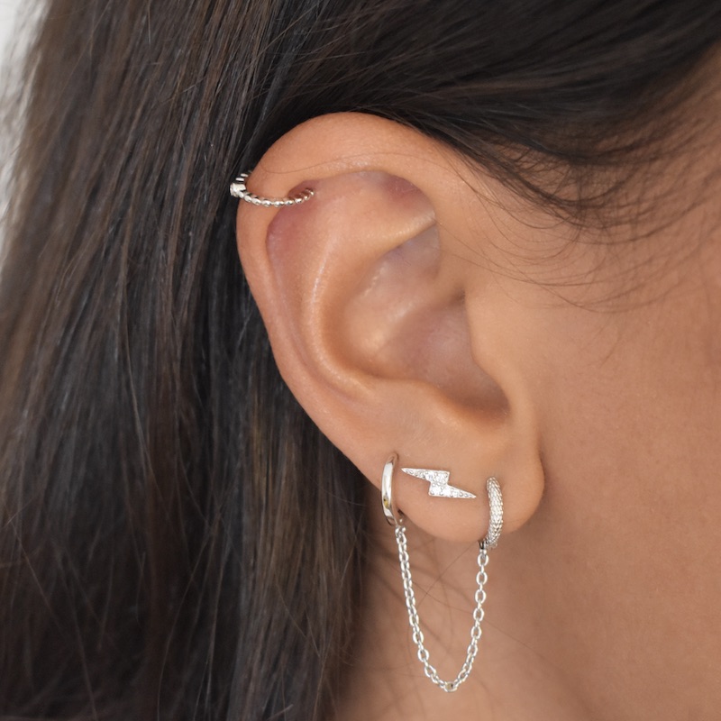 Boucle d'oreille double créoles texturées et chaîne [à l'unité] Argent 925